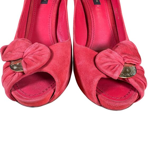 Louis Vuitton Red Suede Catania Peep Toe Platform Pumps Heels Size 38 - Picture 5 of 13